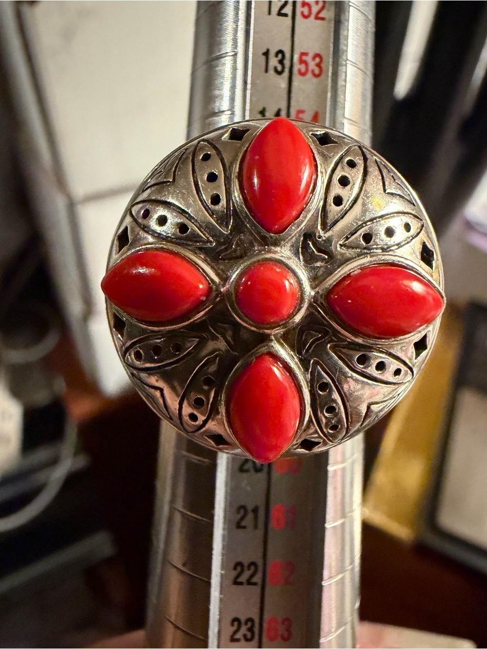 Jean Lin Sterling Silver Red Coral Domed 13.6 Grams Floral Statement Ring Sz 8